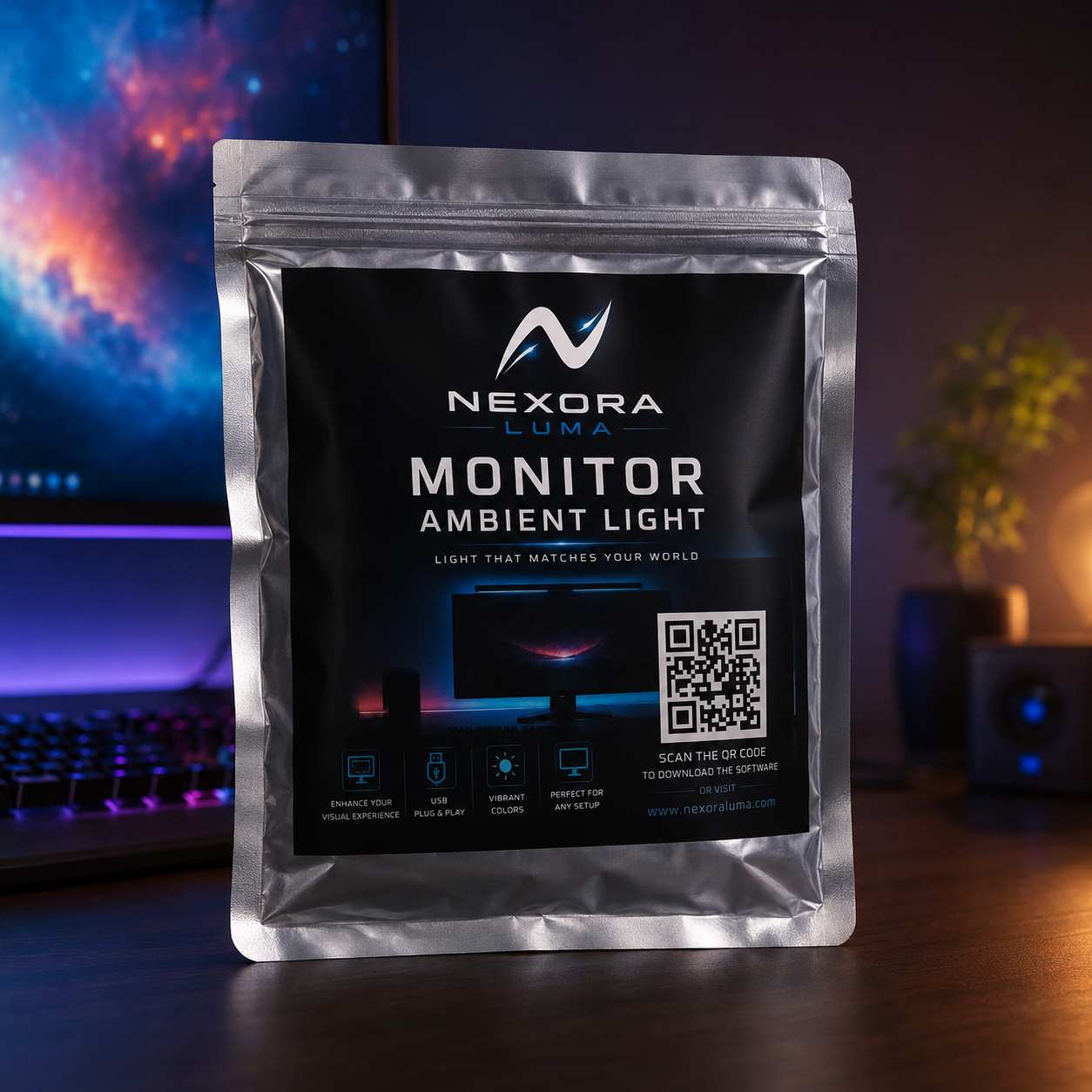 Nexora Luma controller connected to a glowing premium high-density RGB strip