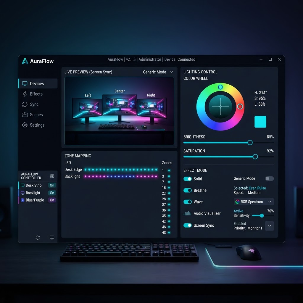 Nexora Luma desktop software interface showing color controls and a live screen-sync preview